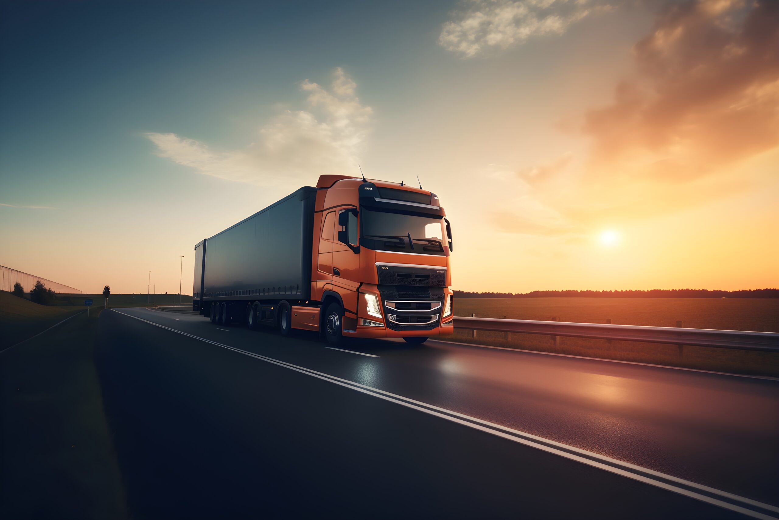 Semi truck transporting freight on the highway at sunset